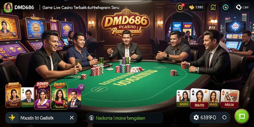 Screenshot DMD686 menampilkan dealer langsung di meja roulette yang interaktif.