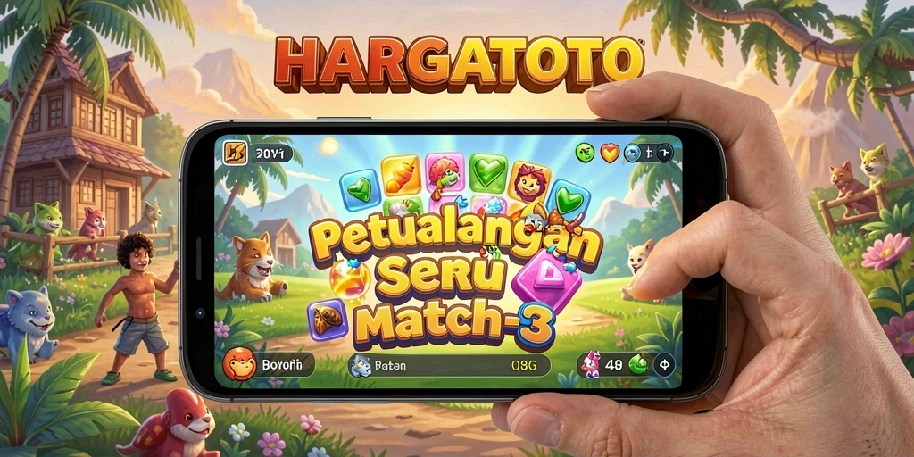 Tampilan seru gameplay HARGATOTO dengan match-3 penuh warna.