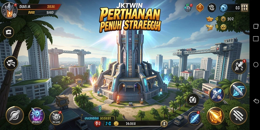 Screenshot gameplay JKTWIN dengan strategi Tower Defense yang intens.