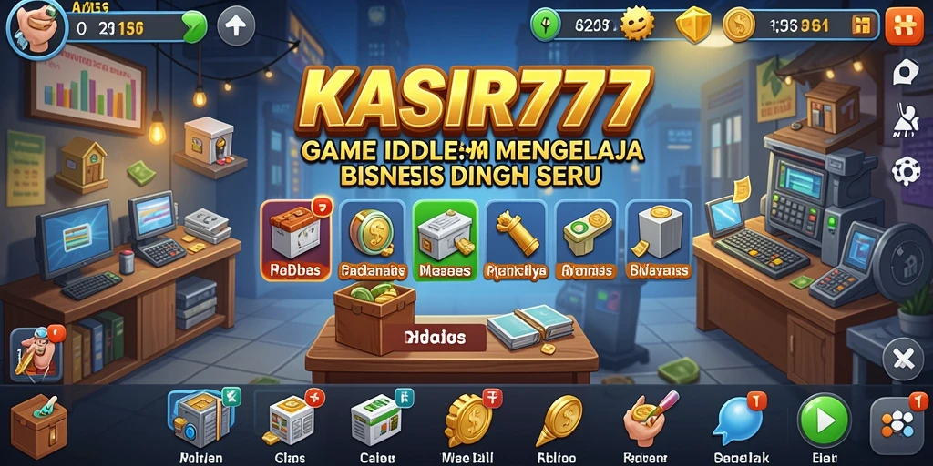Screenshot utama KASIR777 menampilkan gameplay pengelolaan bisnis yang seru.