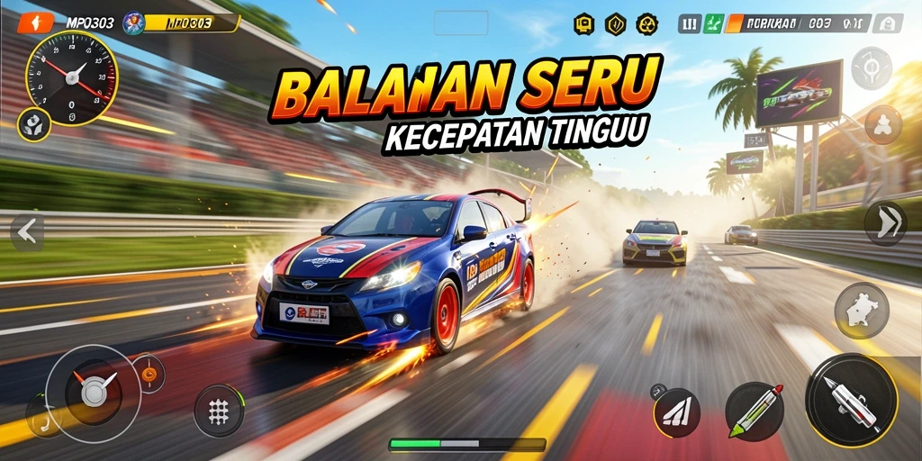 Screenshot gameplay MPO303 menampilkan balapan cepat di lintasan yang menantang.