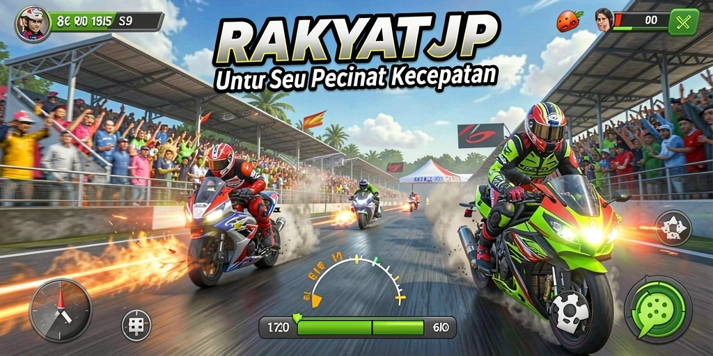 Screenshot RAKYATJP menampilkan aksi balapan yang mendebarkan.