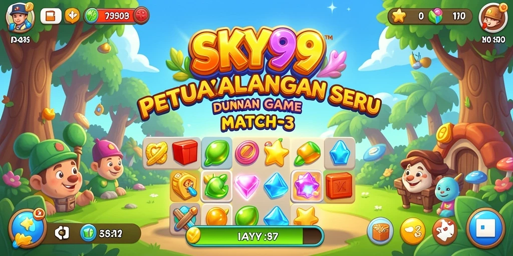 Screenshot gameplay <strong>SKY99</strong> menampilkan aksi mencocokkan permata yang mendebarkan.