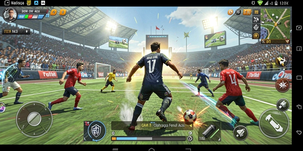 Tampilan menyerupai stadion dengan gameplay olahraga yang menarik.