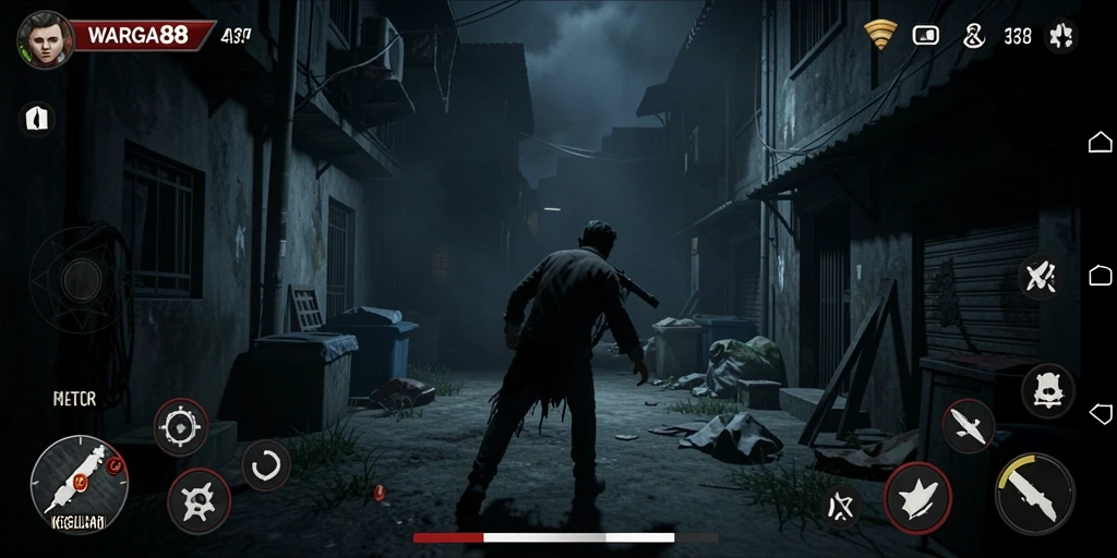 Screenshot gameplay WARGA88 menampilkan suasana Horror yang mencekam.
