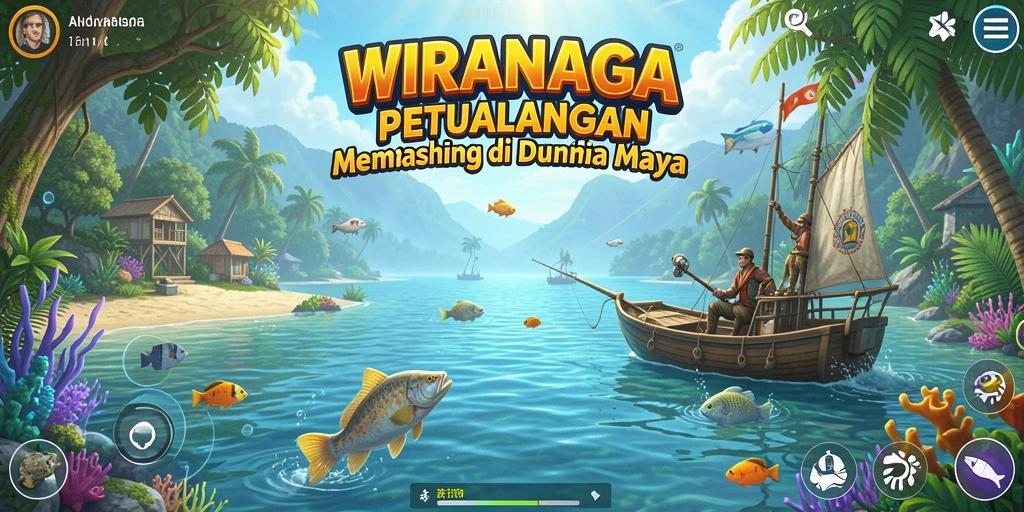 Screenshot gameplay WIRANAGA dengan pemandangan memancing yang indah.